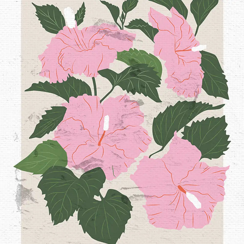 Modern floral poster featuring pink hibiscus flowers with green leaves on a textured beige background.