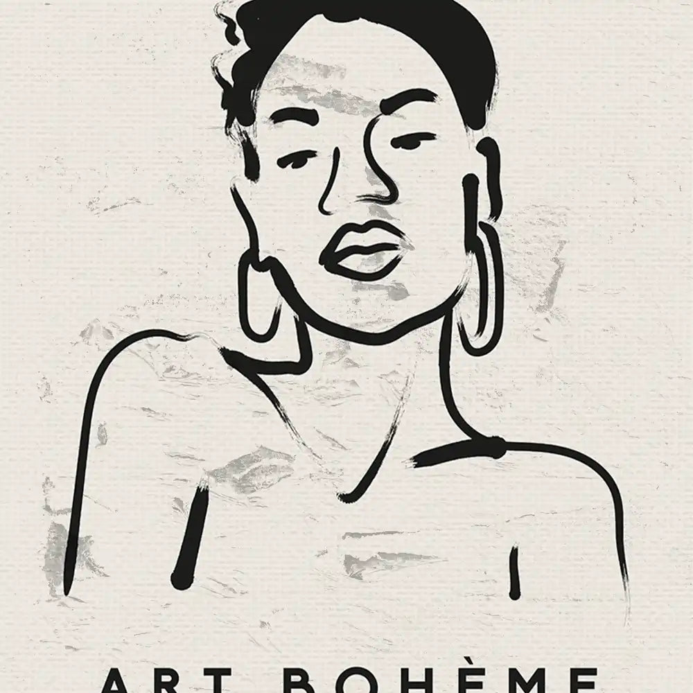 Modern black line art portrait of a fashionable woman, featuring the text "ART BOHÈME" at the bottom, ideal for contemporary home decor.