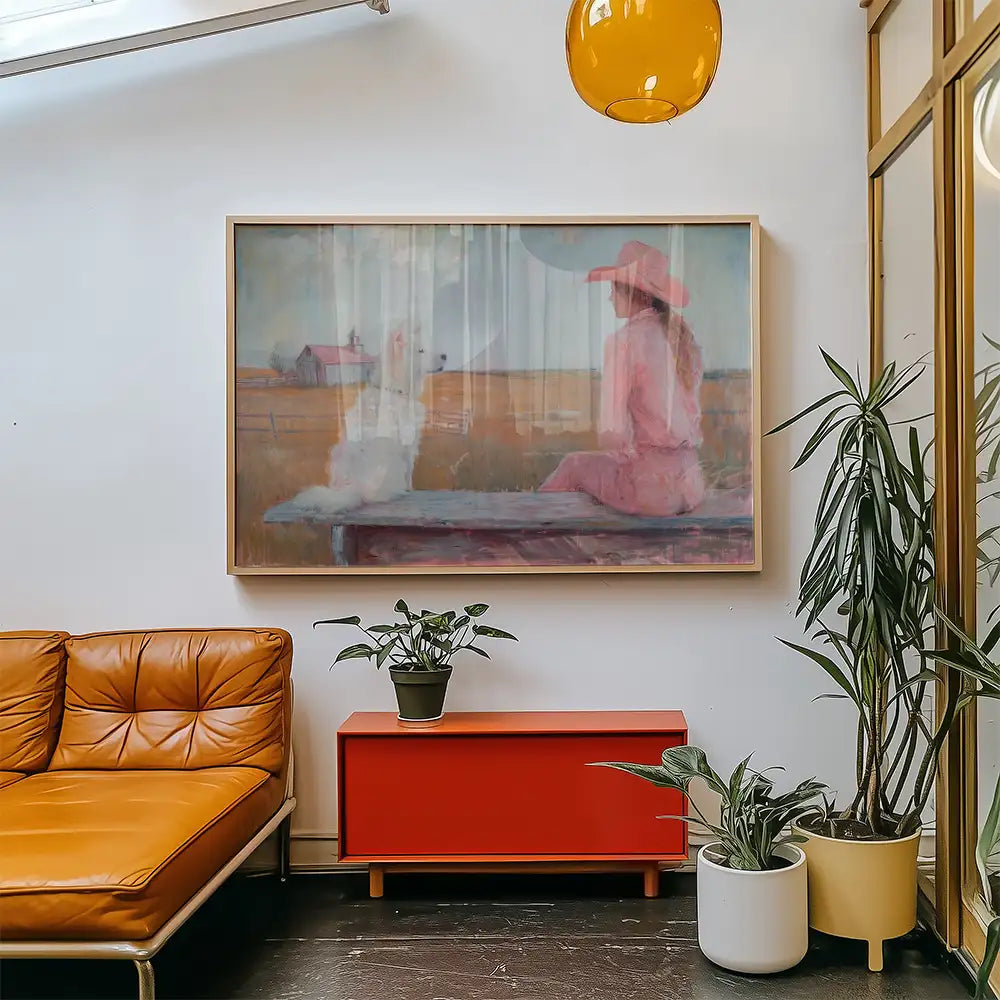 Modern reprint of a famous painting featuring a woman in a pink dress sitting beside a white dog, displayed in a stylish living room with contemporary decor and plants.
