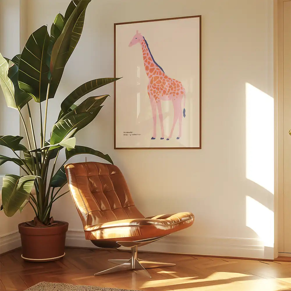 Modern art print featuring a colorful giraffe in a contemporary living room setting, with stylish brown chair and indoor plant.