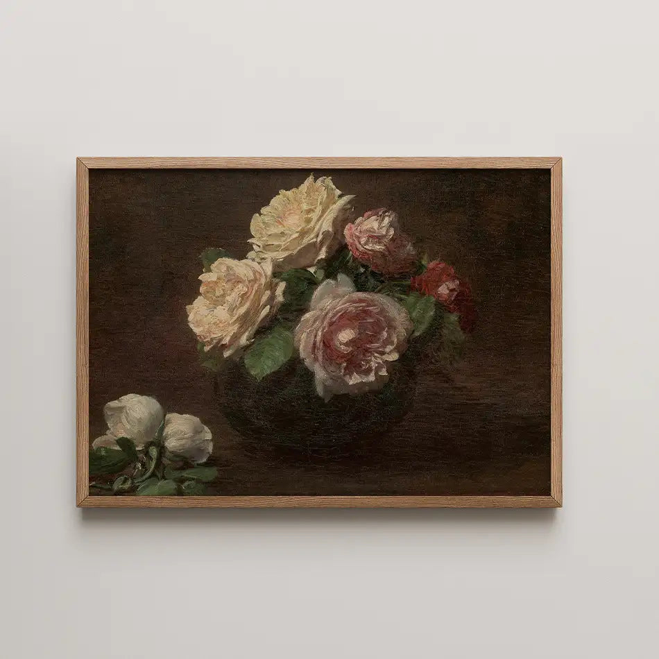 Still life painting of a vase with multi-colored roses, framed in a wooden frame.