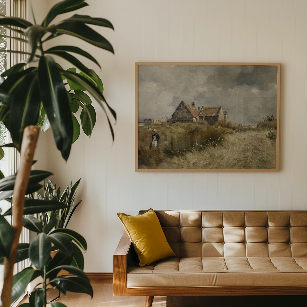 Painting of a rural scene featuring a house in a grassy landscape, framed and displayed above a mid-century modern sofa with a yellow cushion, surrounded by indoor plants.