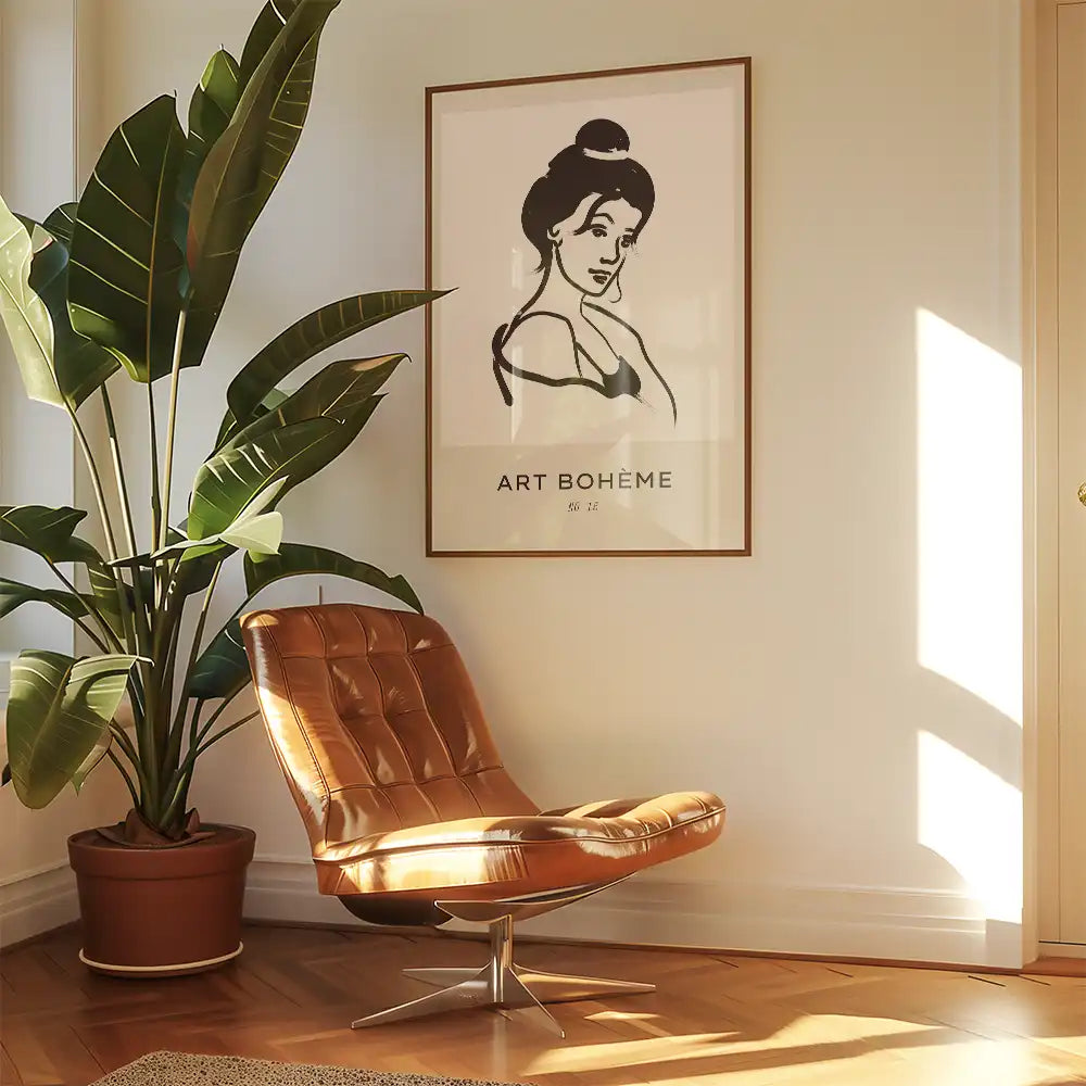 Modern poster print featuring a stylized woman with a bun, titled "Art Bohème," ideal for contemporary home decor in a cozy living space.