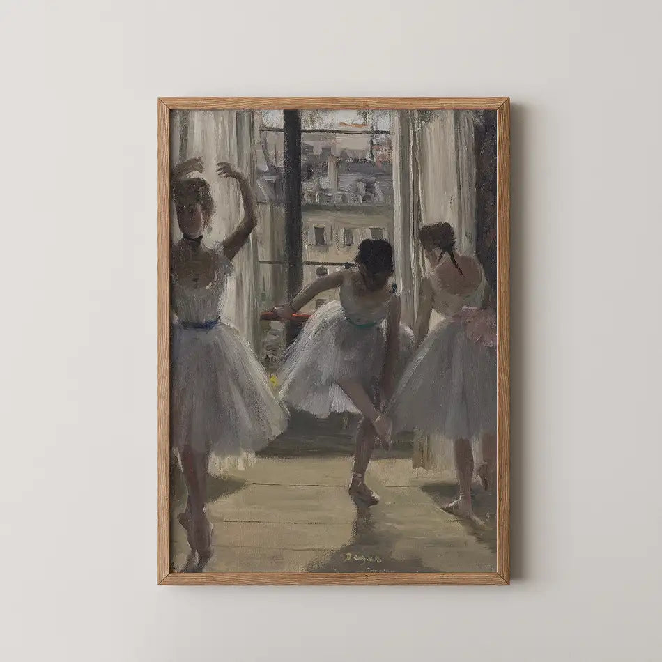 Painting of three ballet dancers in white tutus rehearsing in a sunlit room with large windows.