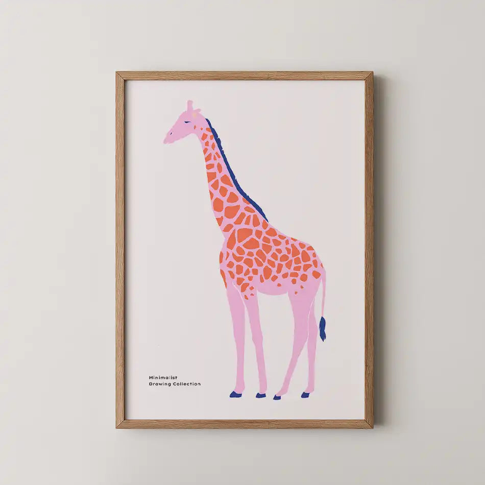 Modern minimalist giraffe art print featuring soft pink and bold orange colors on a white background, perfect for adding whimsical charm to any décor.