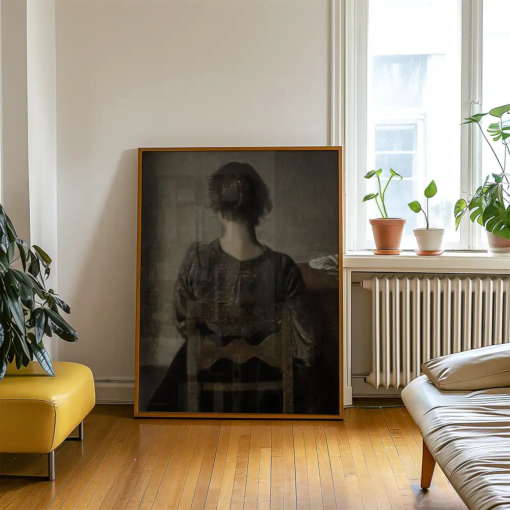 Artistic painting of a woman seated with her back turned, framed and displayed in a modern living room setting with indoor plants.