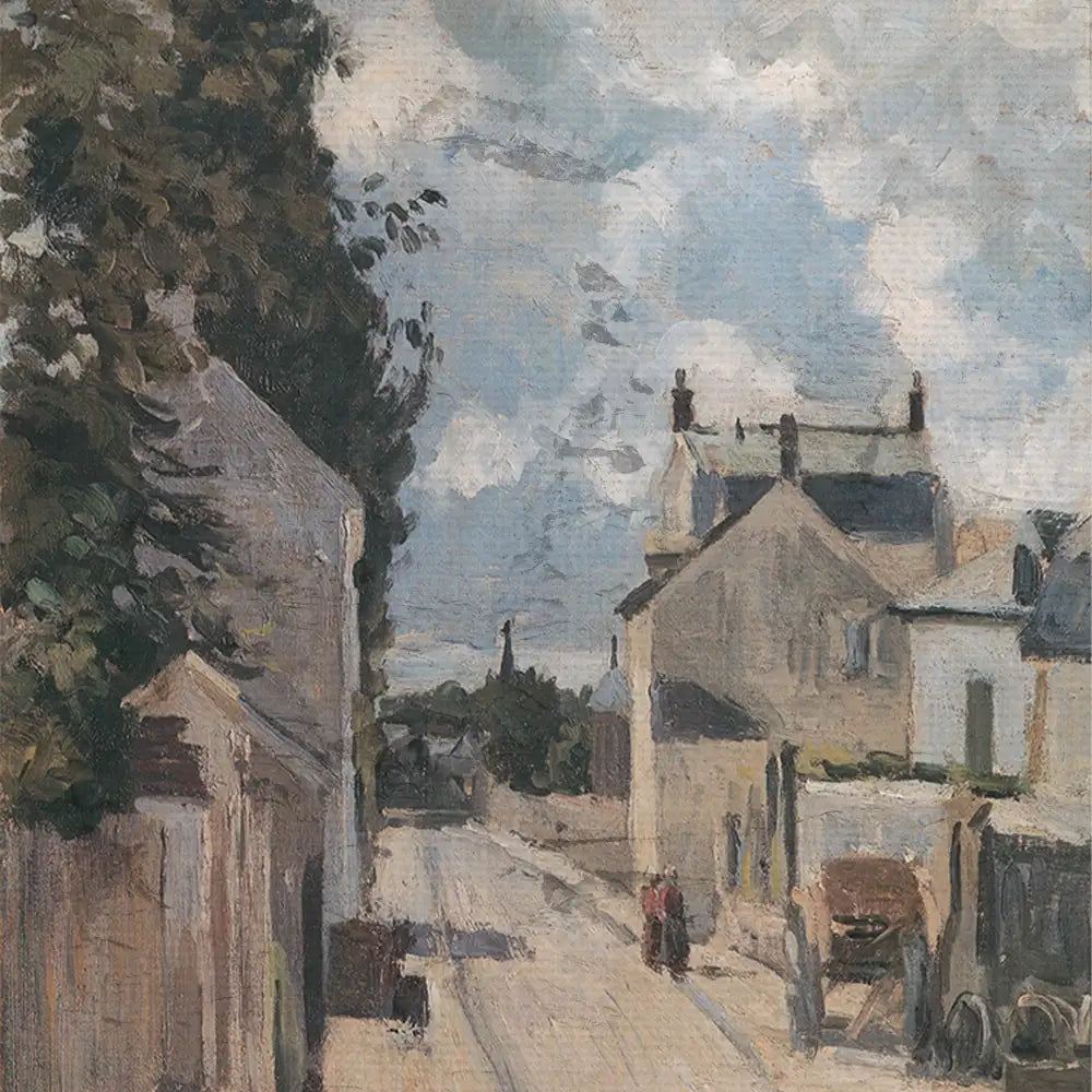 A serene street scene featuring houses and trees under a cloudy sky, with a horse-drawn cart and figures walking along the path.