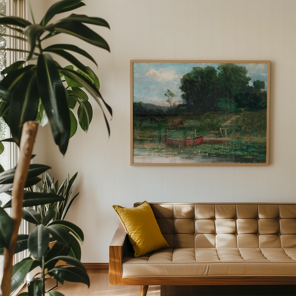 A framed landscape painting of a serene river scene with trees and a red boat, displayed in a modern living room setting.
