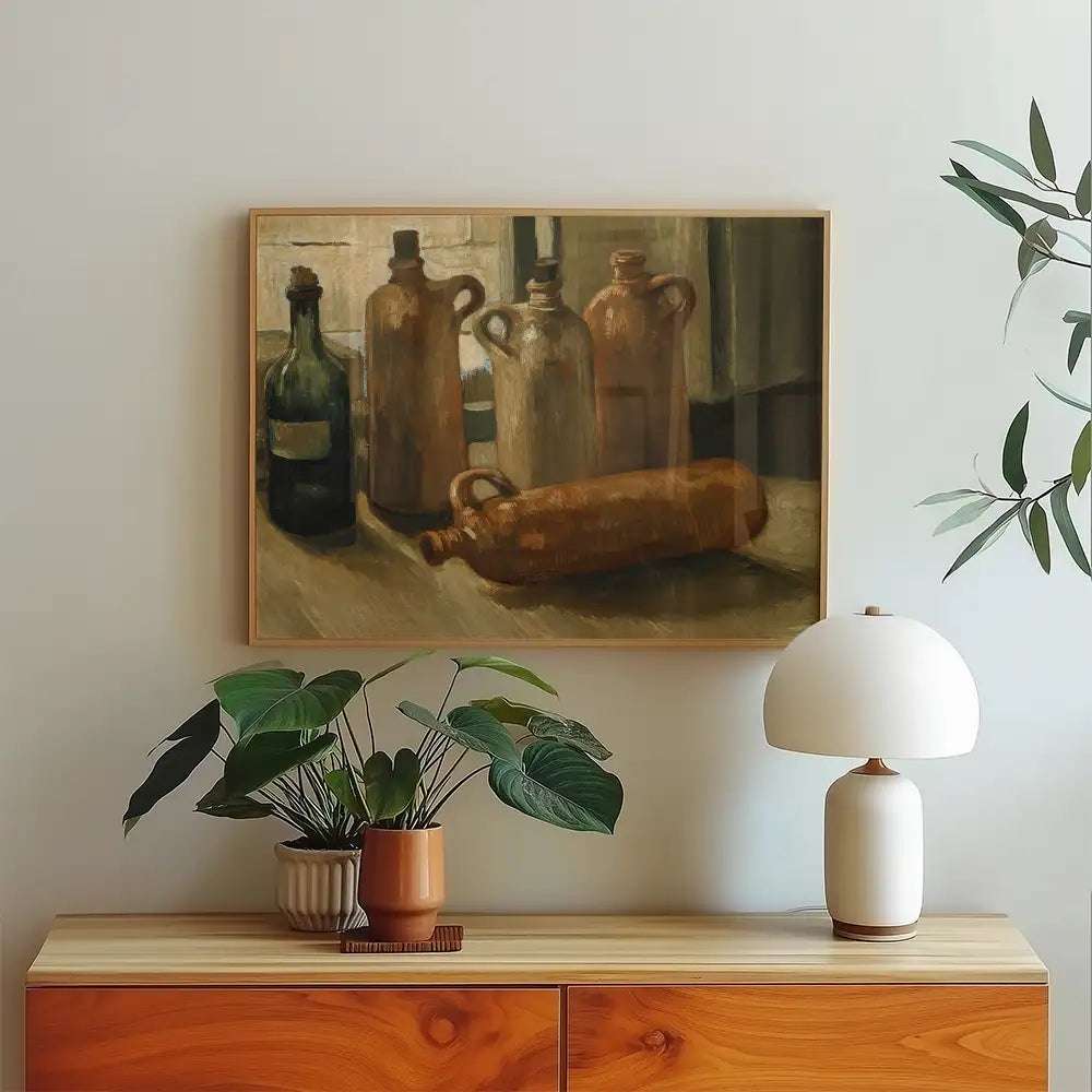 Painting of various glass and ceramic bottles displayed on a wall above a wooden side table, accompanied by a potted plant and a lamp.