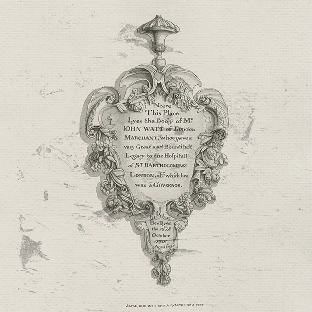 Engraving commemorating John Watt, a merchant of London, featuring ornate floral designs and memorial text detailing his contributions to St. Bartholomew's Hospital.