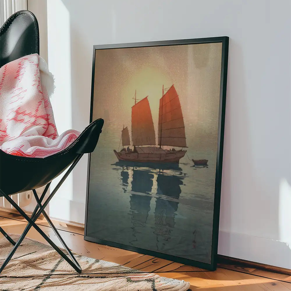 Framed painting of a traditional sailing boat with red sails reflected in calm water, positioned next to a black chair and a patterned rug.