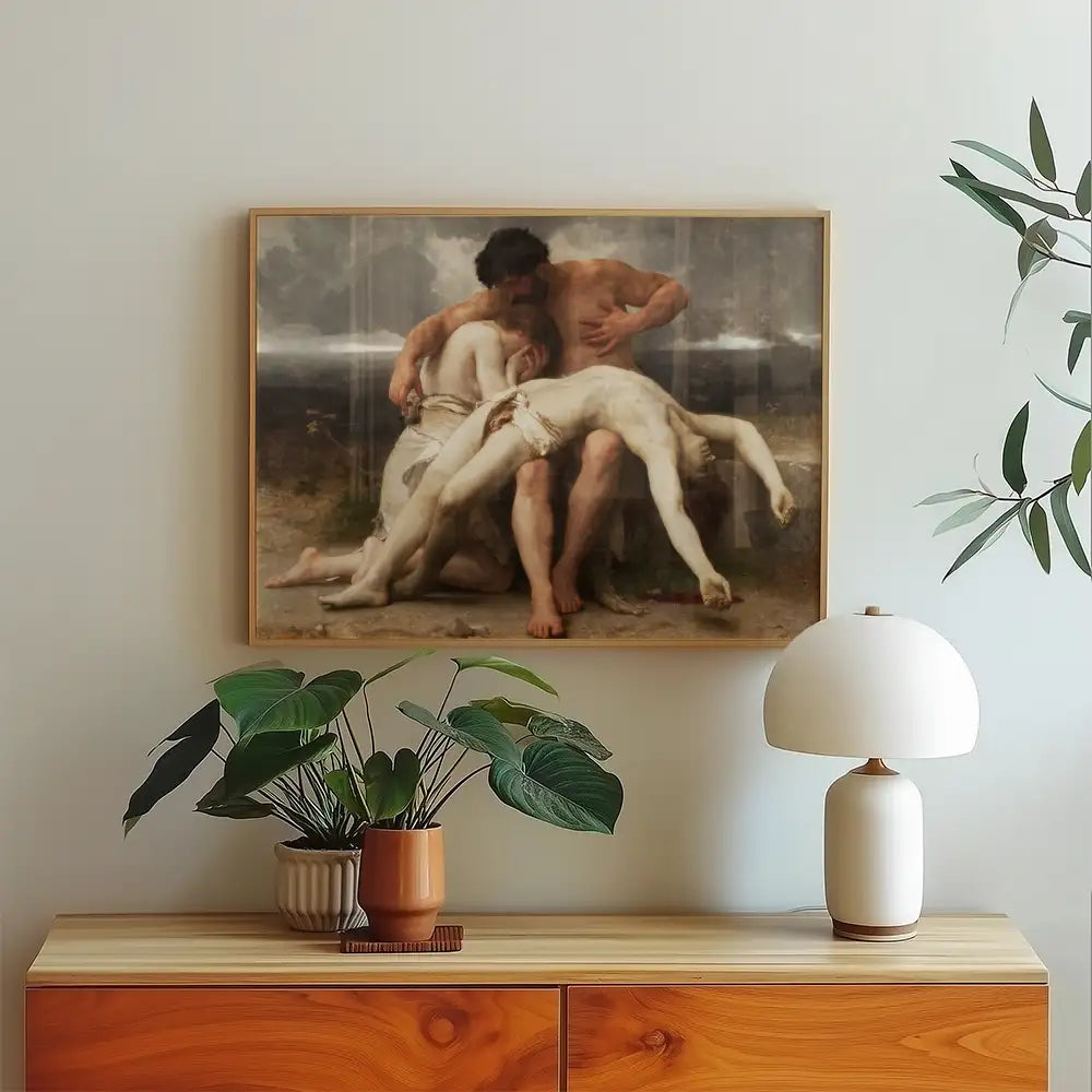 Painting of a man and a woman embracing, with a white dog lying between them, displayed above a stylish wooden sideboard adorned with a potted plant and a table lamp.