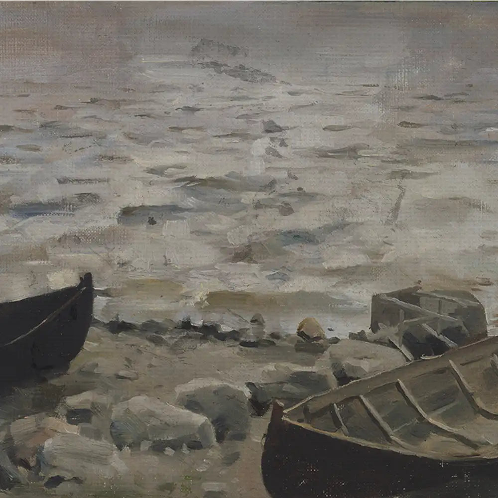 A serene coastal scene featuring boats on rocky shorelines with a misty background and gentle waves.