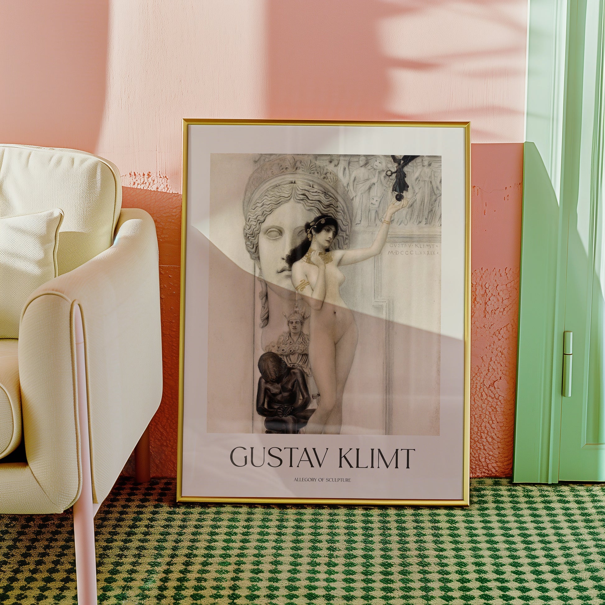 Gustav Klimt painting titled "Allegory of Sculpture" beautifully framed and displayed in a modern living room setting.