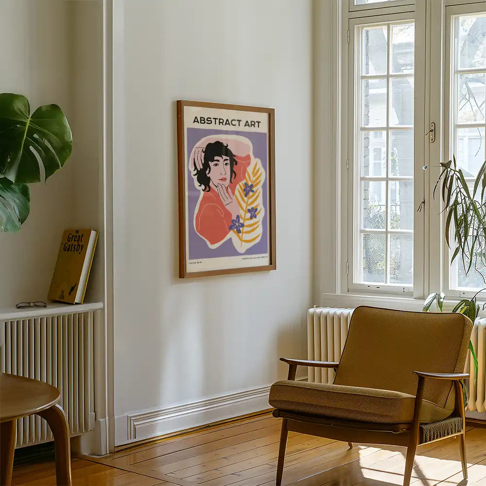 Modern abstract art poster featuring a stylized woman and vibrant foliage, ideal for home decor and art enthusiasts.