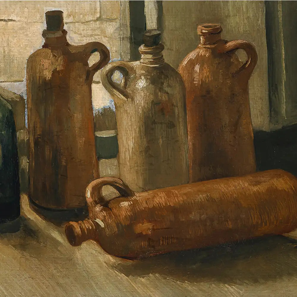 Painting of various glass bottles with brown and green tones, featuring one bottle with a cork stopper and others with handles, arranged indoors.