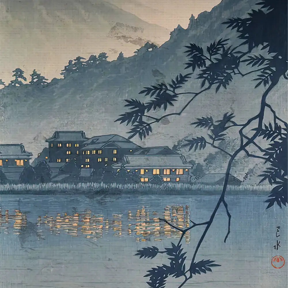 A serene landscape painting featuring traditional Japanese houses by a calm river, surrounded by mountains and illuminated windows reflecting in the water.