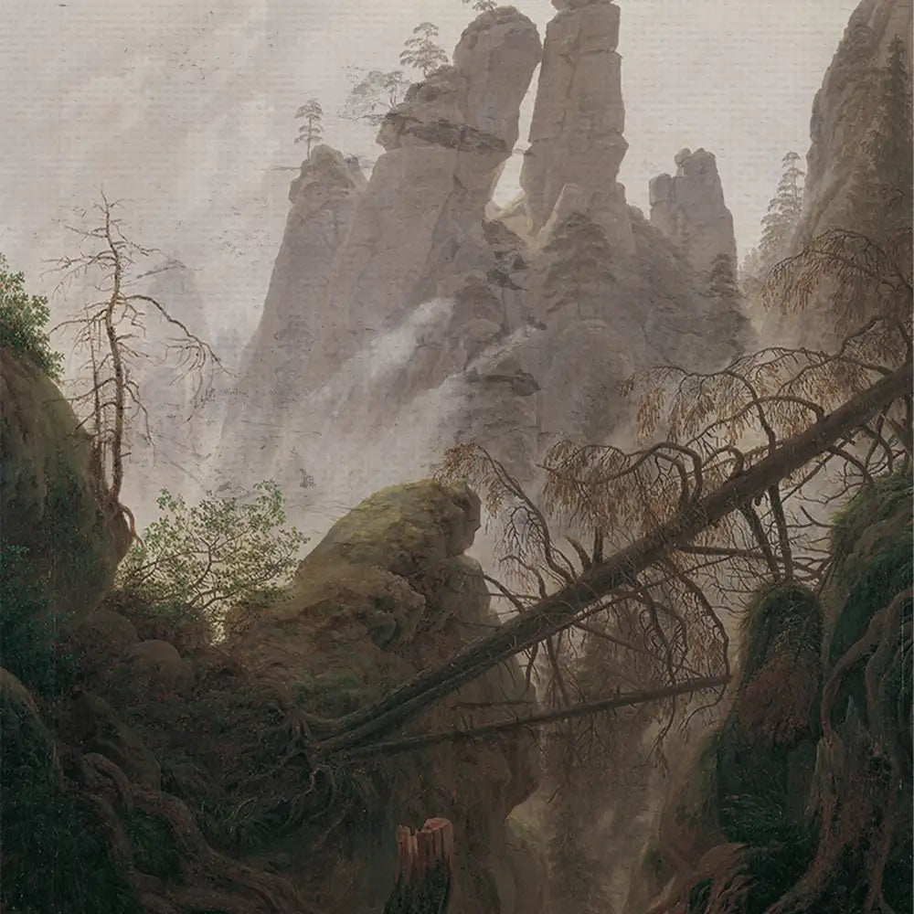 A serene landscape painting depicting rugged mountains with mist, fallen trees, and lush greenery.