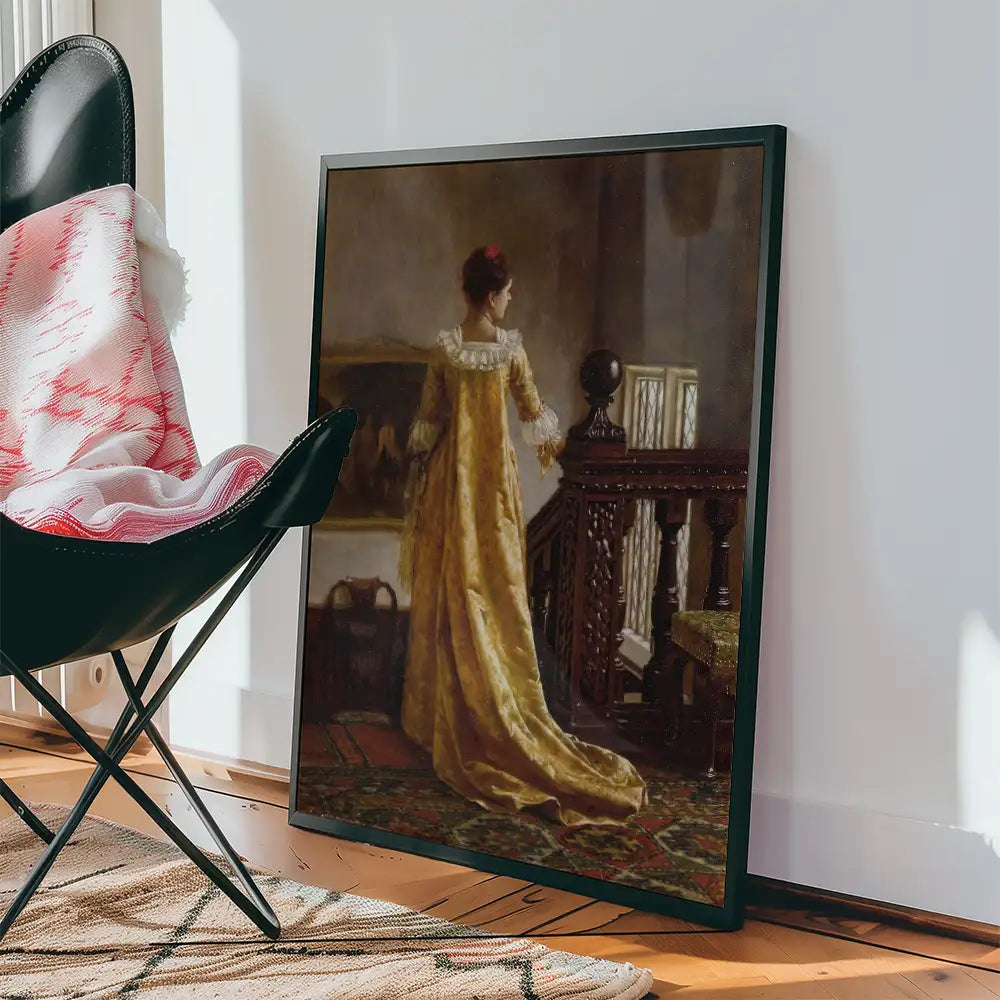 Framed painting of a woman in a yellow dress standing in a vintage interior setting, leaning against a staircase with decorative elements and warm lighting.