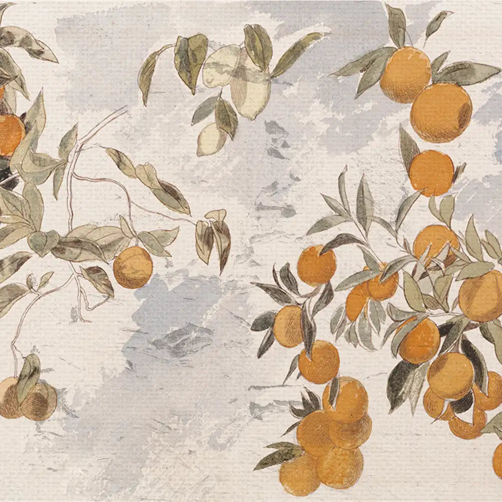Painting of orange branches with leaves against a soft gray background.