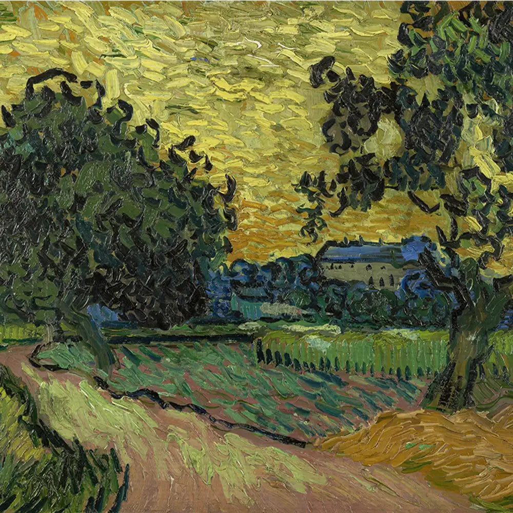 Painting of a rural landscape with a winding path, trees, and a house in the background under a vibrant yellow sky.