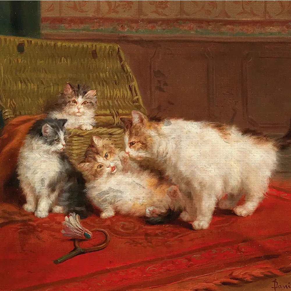 Painting of four fluffy cats on a colorful rug, with a woven basket in the background and a toy on the floor.