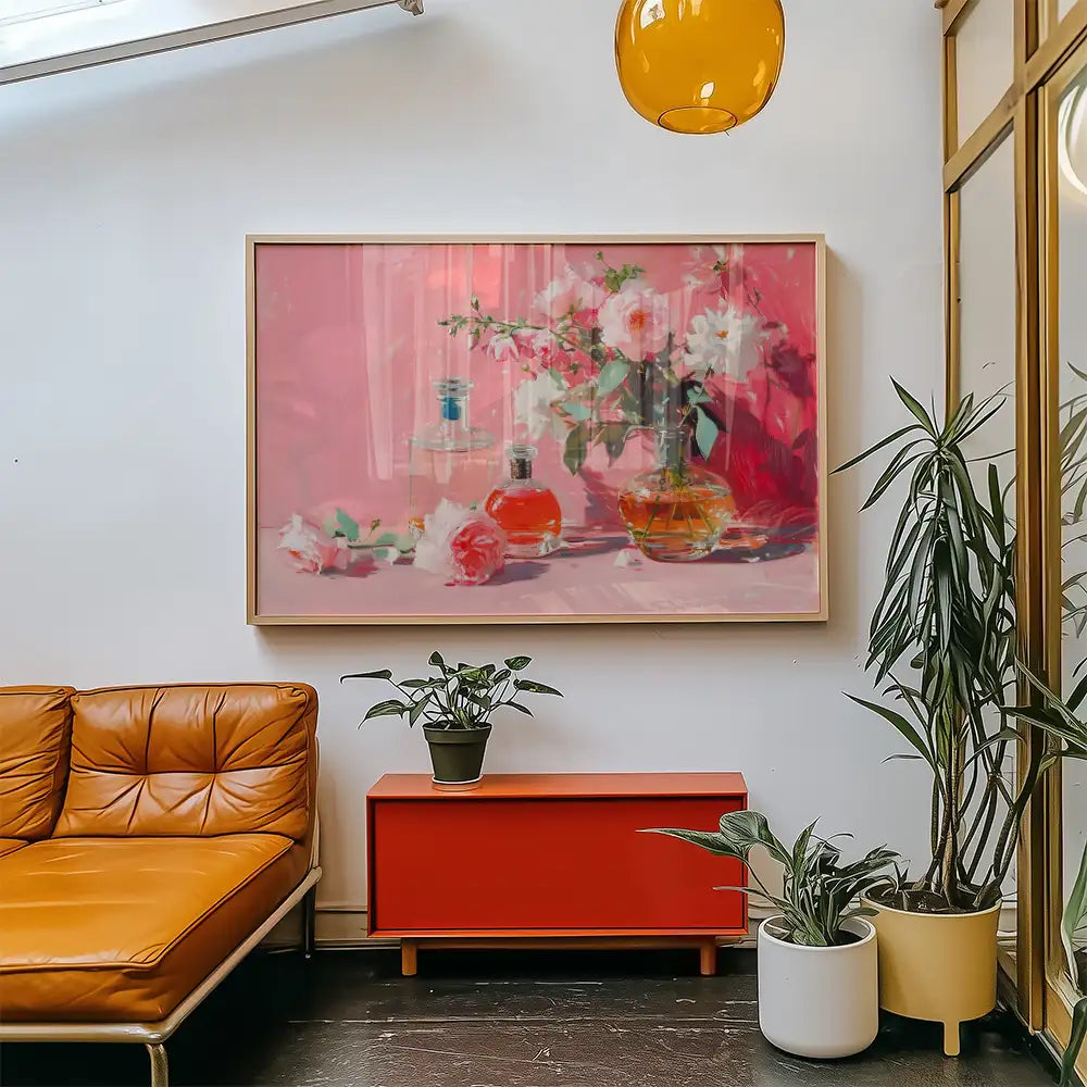 Painting of floral arrangements and perfume bottles in a pink setting displayed in a modern interior with a brown leather couch and potted plants.