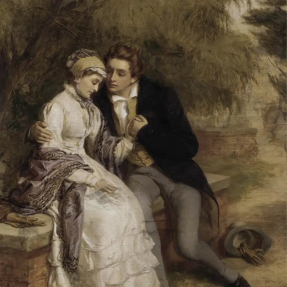 Painting of a romantic scene featuring a couple seated together, the man gently holding the woman's hand while she appears contemplative, surrounded by trees.