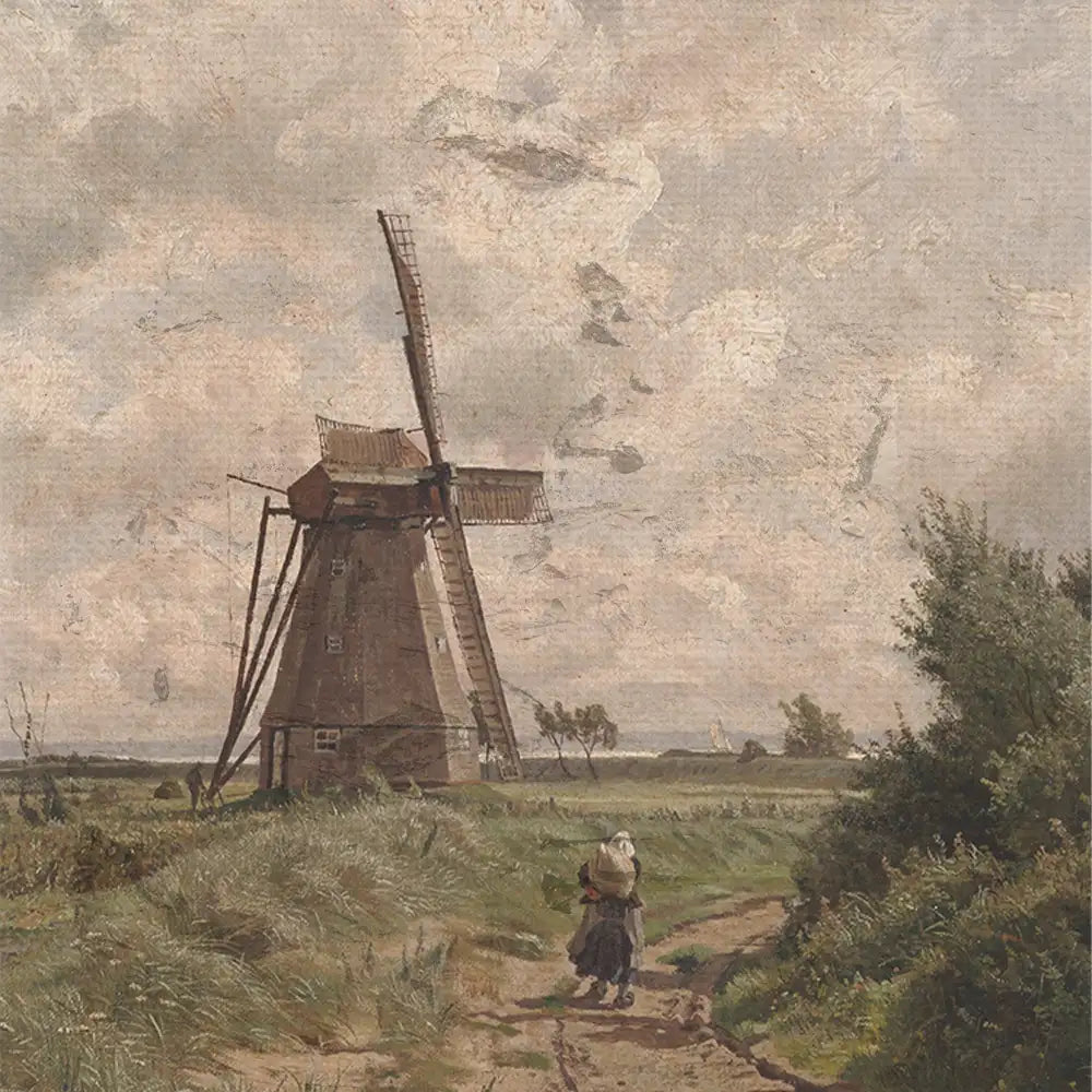 A scenic landscape painting featuring a traditional windmill, a figure walking along a dirt path, and a cloudy sky.