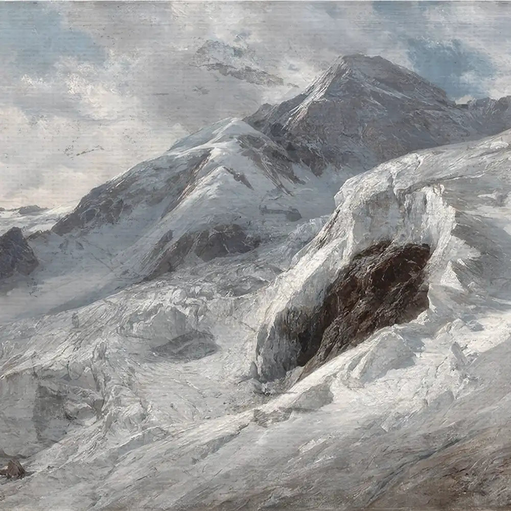 A serene painting of snow-capped mountains under a cloudy sky, showcasing intricate textures and shades of gray and white.