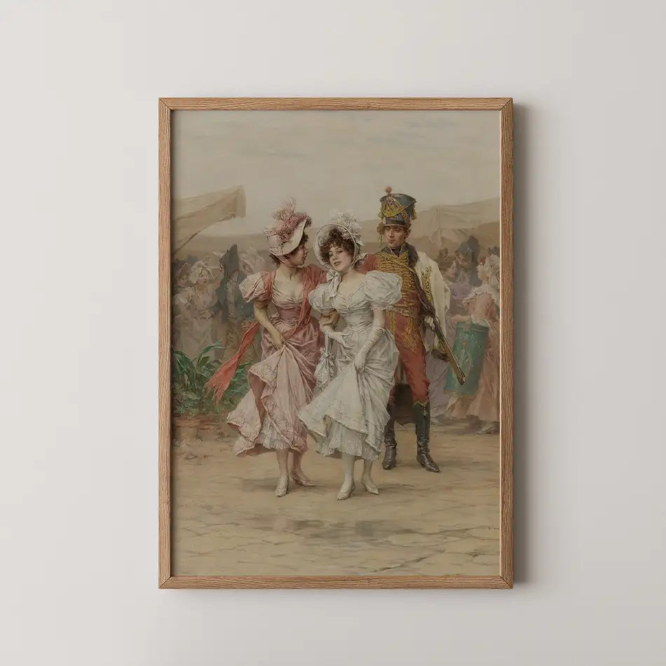 Vintage painting of two elegantly dressed women in conversation, accompanied by a man in military attire, set against a backdrop of a lively crowd.