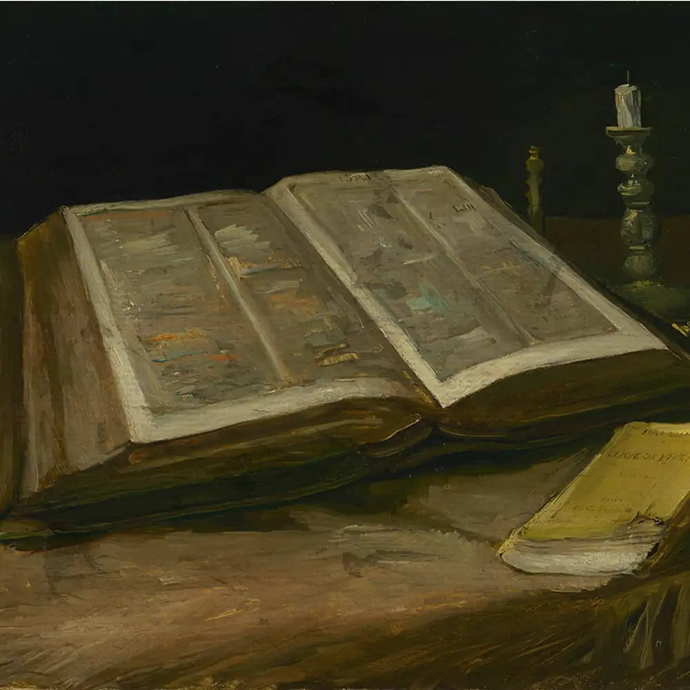 Painting of an open book resting on a table with a candle and a smaller book nearby, set against a dark background.