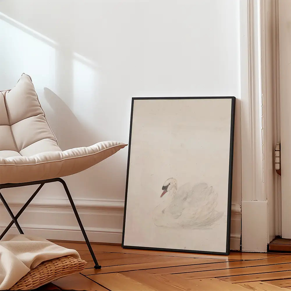 Painting of a swan leaning against a wall next to a stylish chair in a bright interior setting.