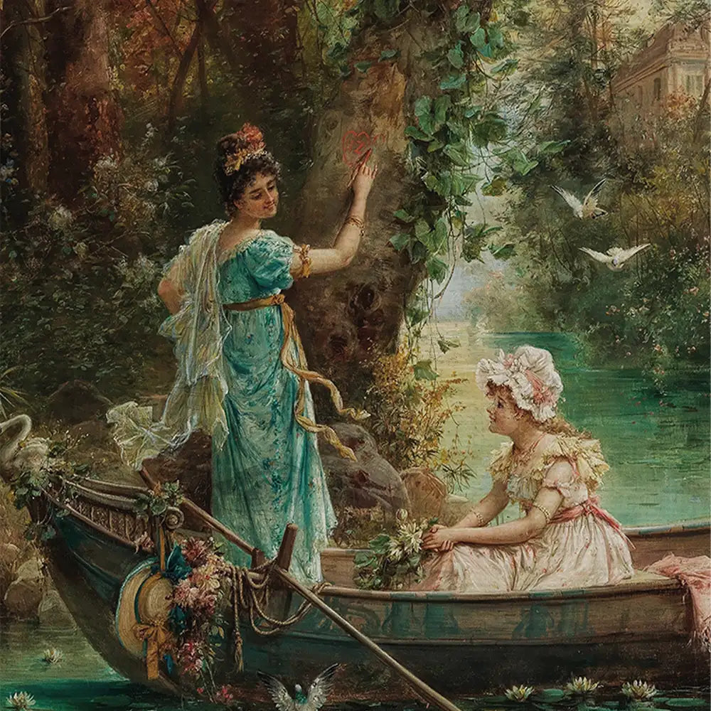 A romantic painting of two women in a boat by a serene river, one woman in a blue gown stands by a tree, while the other in a pink dress gathers flowers, surrounded by lush greenery and flying doves.