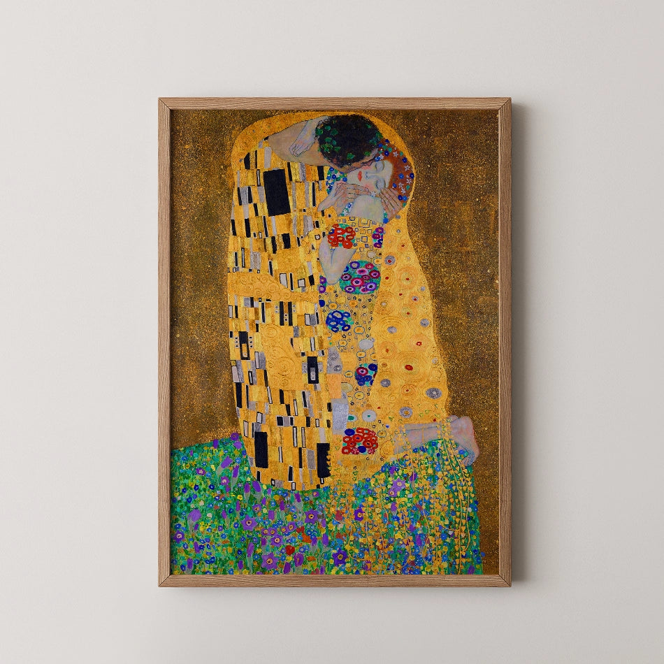 A framed art print depicting an intimate embrace between two figures, featuring vibrant colors and intricate patterns.