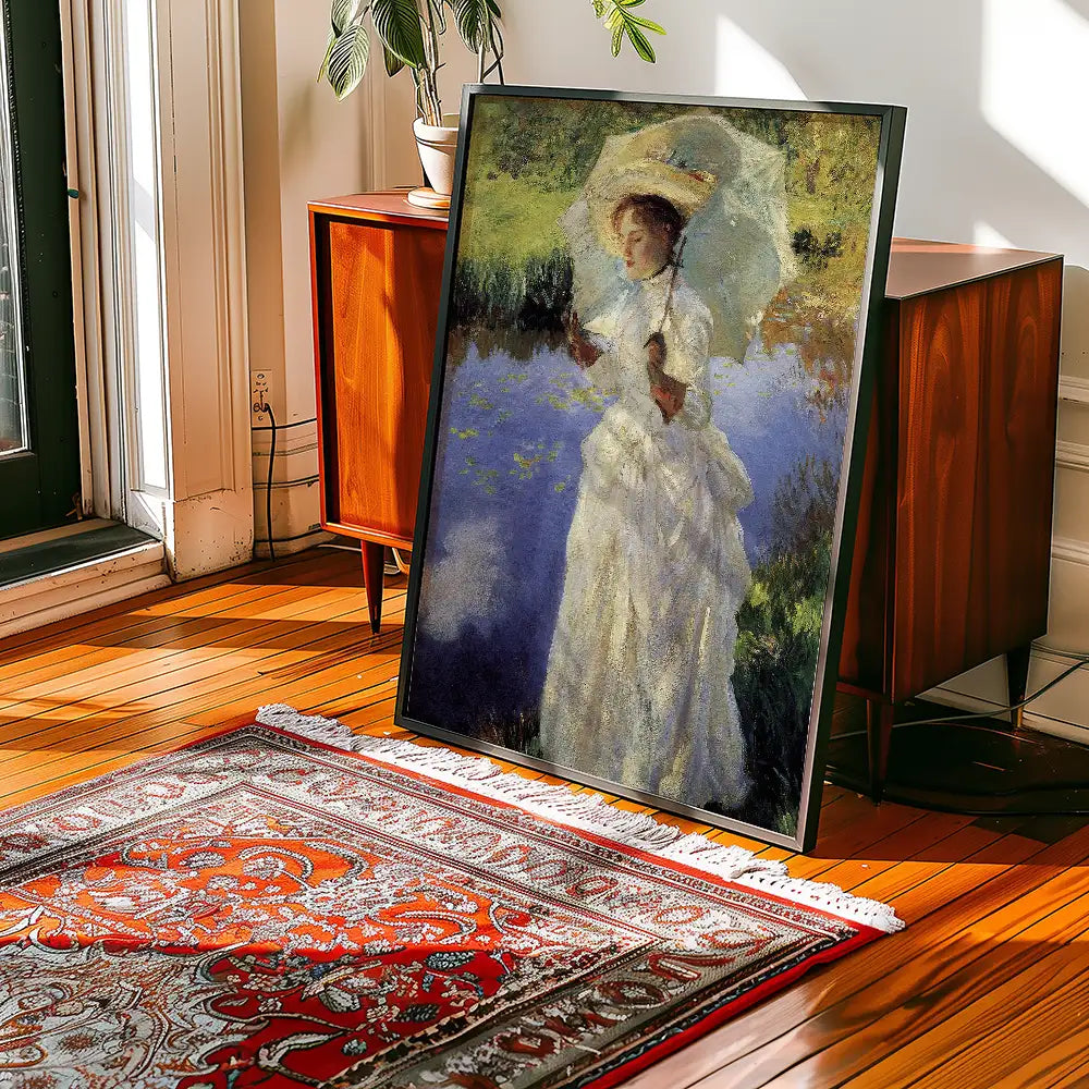 Painting of a woman in a white dress holding an umbrella, displayed in a stylish home interior with wooden floors and a decorative rug.