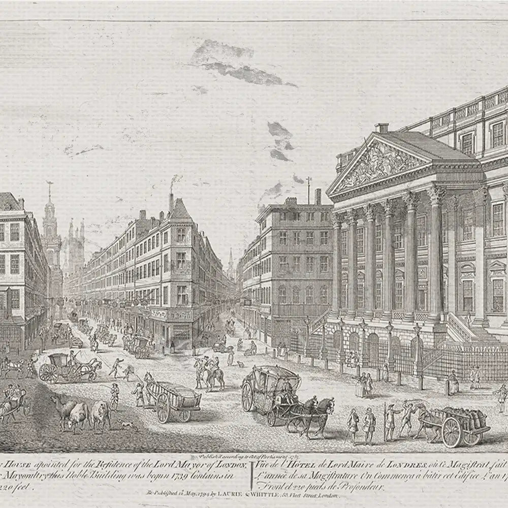 19th-century etching of a busy street scene in London, featuring horse-drawn carriages, pedestrians, and historic buildings, with intricate architectural details.