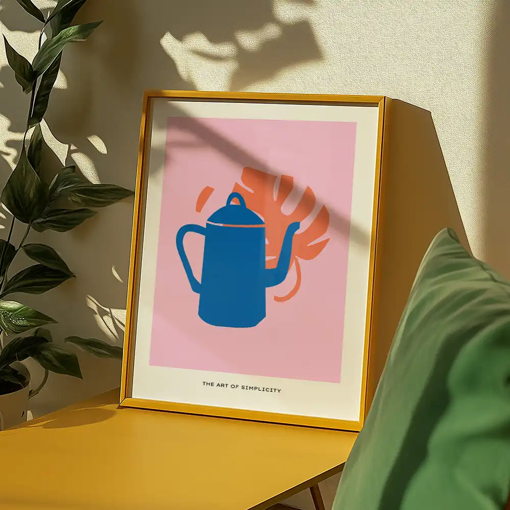 Modern poster featuring a blue teapot silhouette against a pink background with abstract leaf design, titled "The Art of Simplicity," perfect for contemporary home decor.