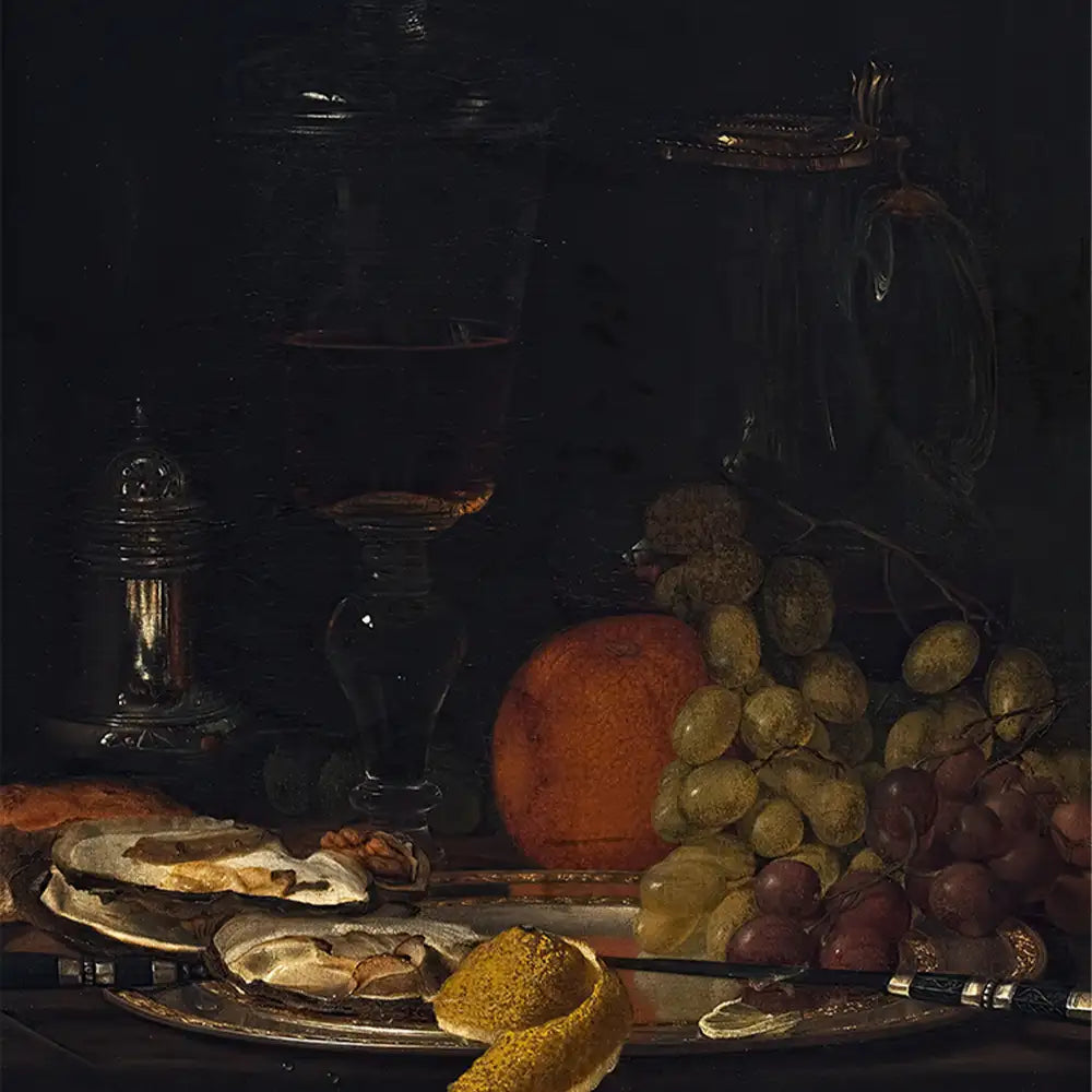 Still life painting featuring a wine glass, fruits including an orange, green and red grapes, oysters, and a silver plate with a knife.