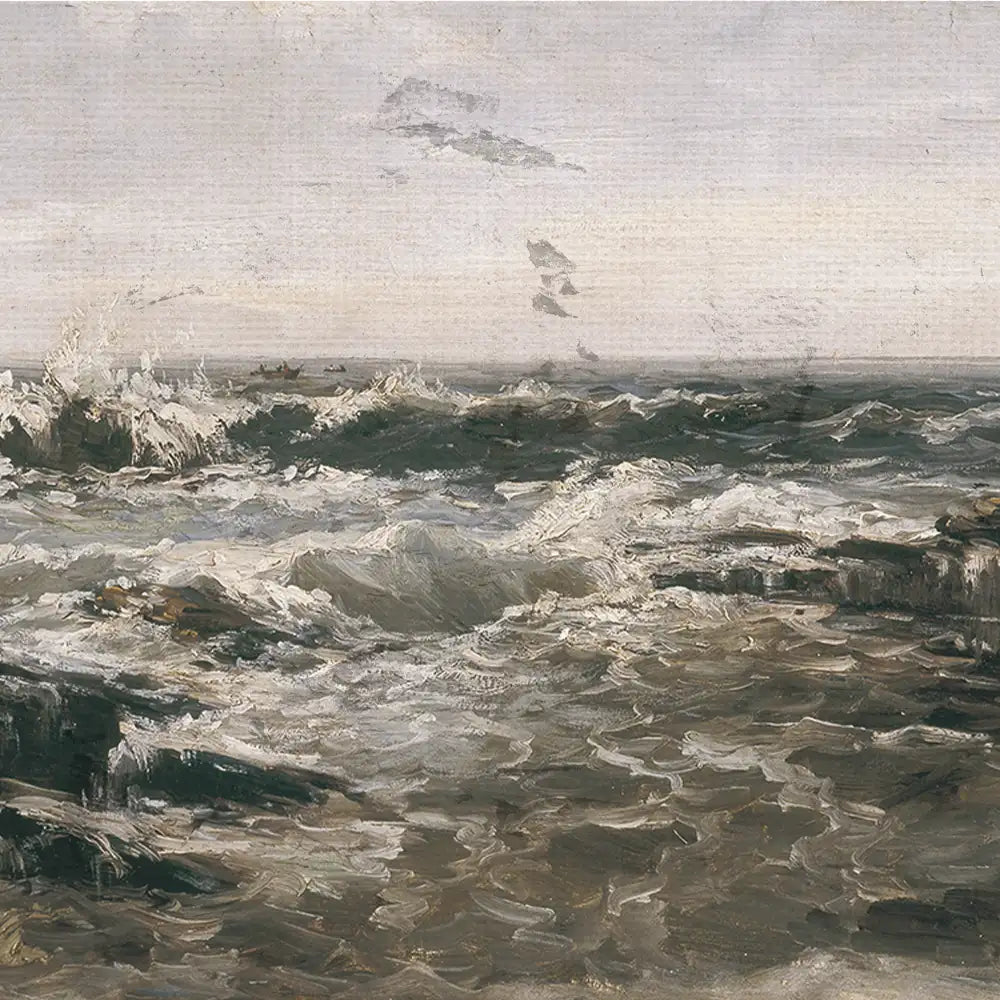 Painting of turbulent ocean waves under a cloudy sky, capturing the dynamic movement of the water.