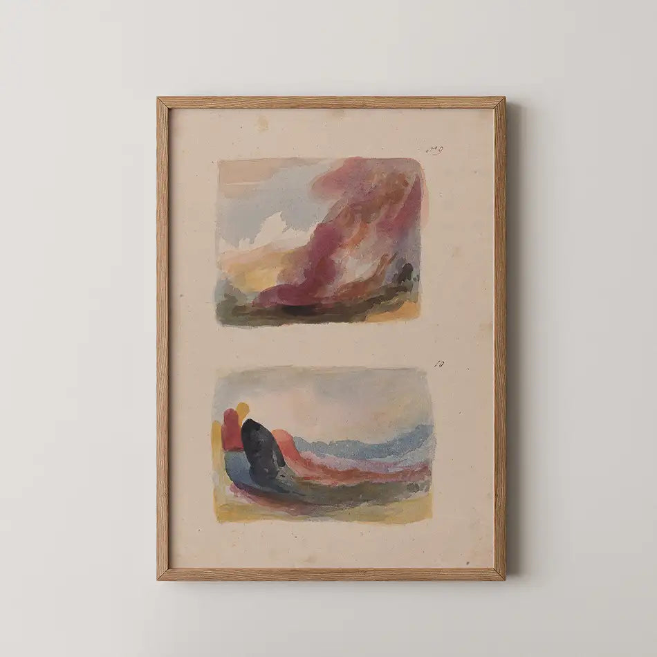 Framed abstract watercolor painting featuring two colorful landscape compositions on textured paper.