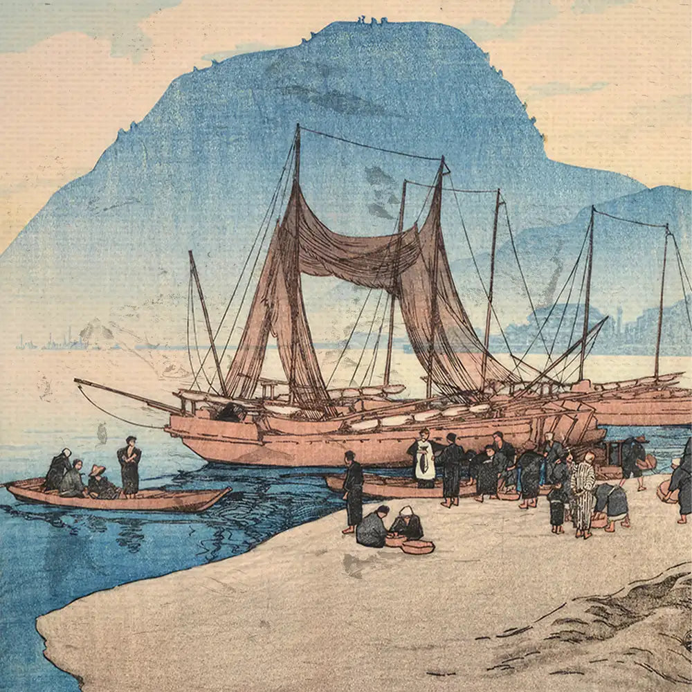Illustration of boats on a beach, with figures gathering around the vessels against a backdrop of a mountainous landscape and a blue sky.