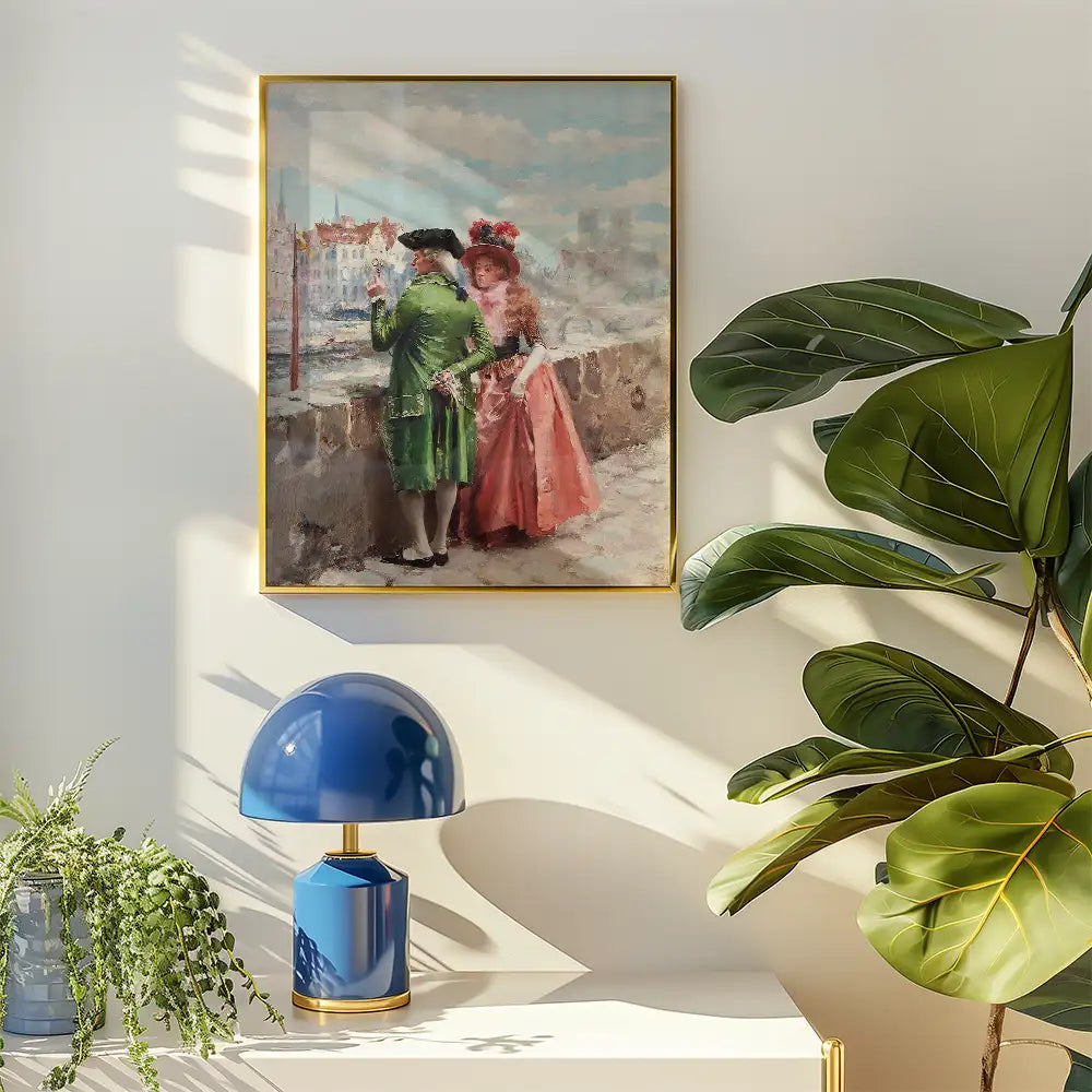Painting of a couple in historical attire by a stone railing, framed in gold, with a blue lamp and green plants in a well-lit interior setting.