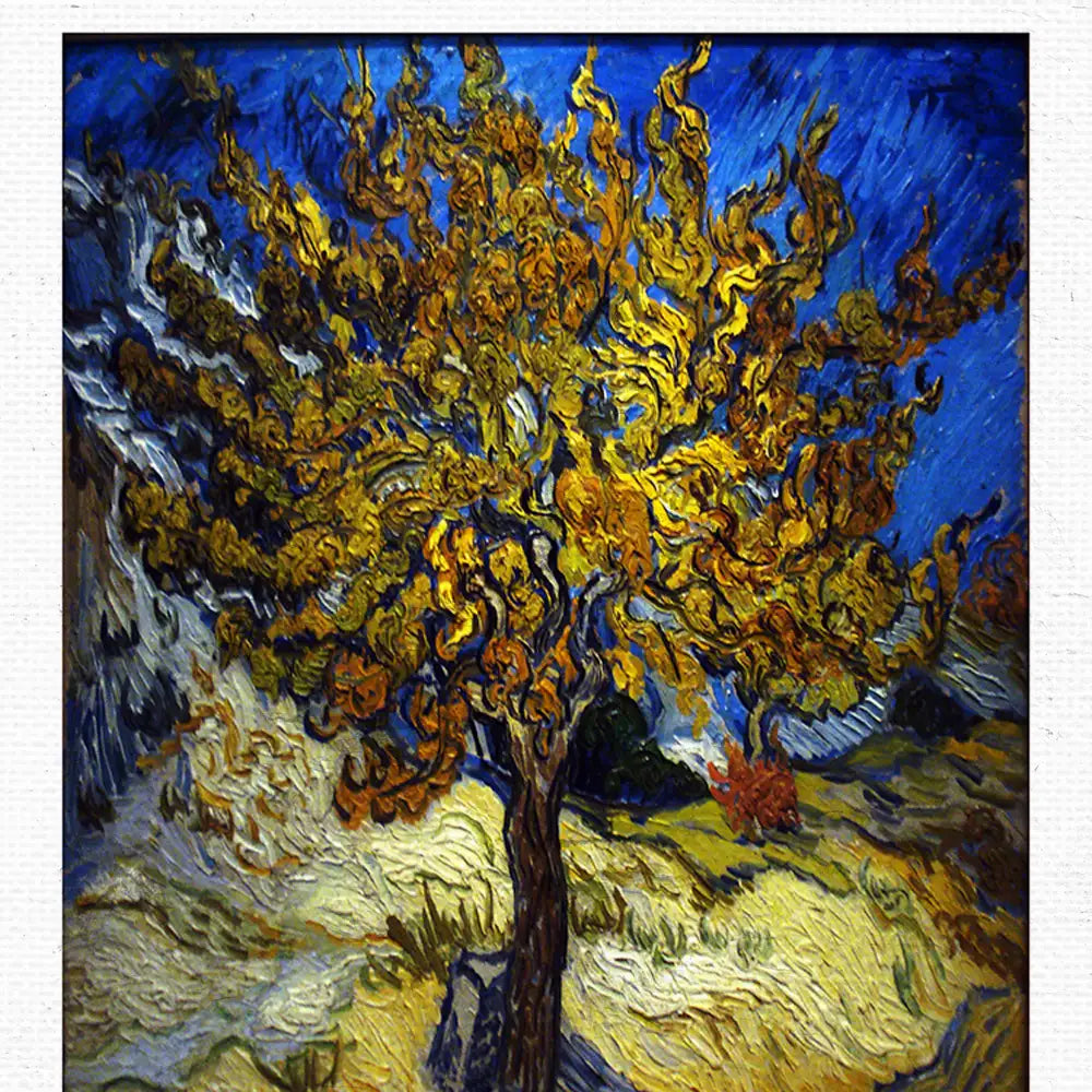 A vibrant painting of a swirling yellow tree against a deep blue sky, capturing dynamic brushstrokes and a vivid landscape.