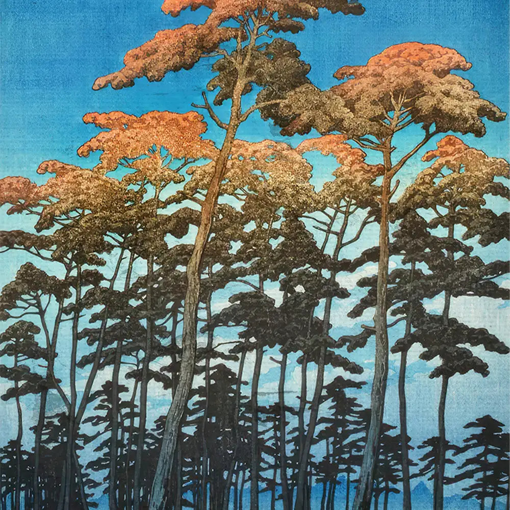 Painting of tall trees with orange and green foliage against a blue sky.