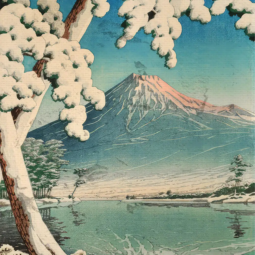 Snow-covered trees in the foreground with a serene lake and Mount Fuji in the background, depicted in vintage style artwork.