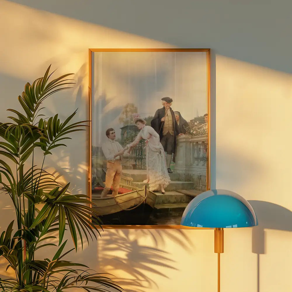 Framed painting of a man and woman exchanging a handshake by the water, with a background of a garden and decorative architecture, illuminated by warm sunlight.