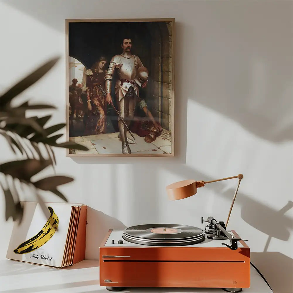 Painting of a knight and a lady in a historic setting displayed above a vintage record player in a stylish room.
