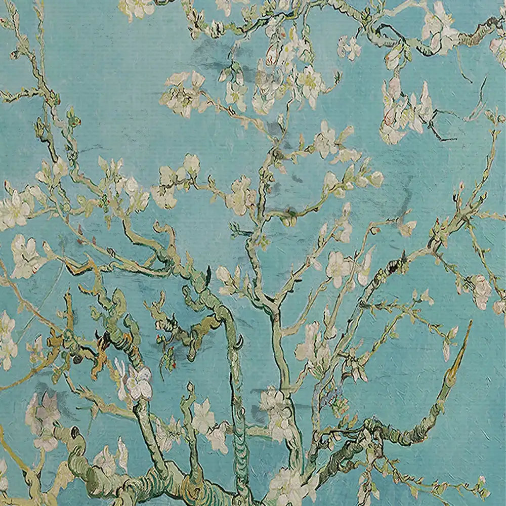 Blossoming almond tree branches against a turquoise background, painted in an impressionist style.