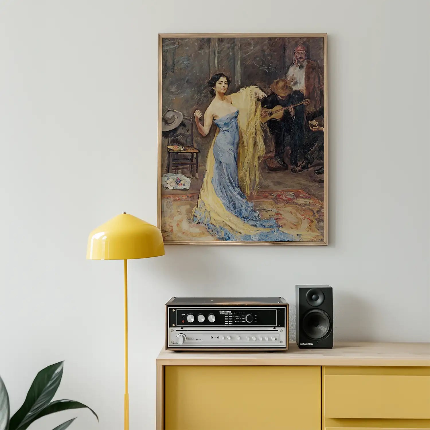 Painting of a woman in a blue gown with yellow drapery, displayed on a wall above a retro record player and speakers, next to a yellow floor lamp in a modern interior setting.